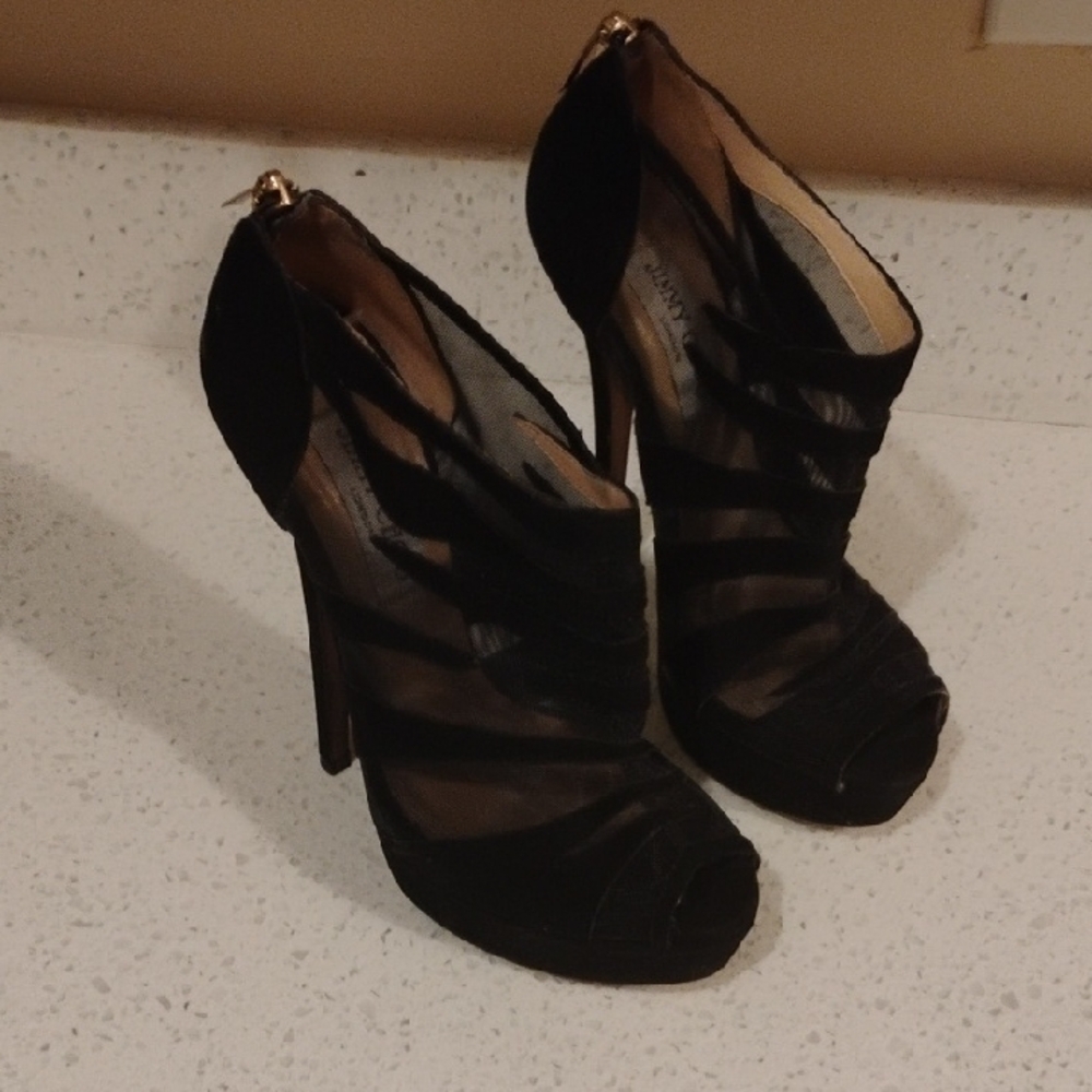 Jimmy Choo Black Stiletto Heels with Peep Toe Size 37 .5 Women